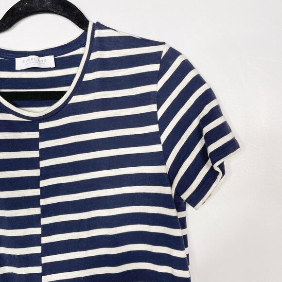Everlane Medium M Navy Blue White The Beach Tee Dress Staggered Stripe Crew Neck - Picture 3 of 10